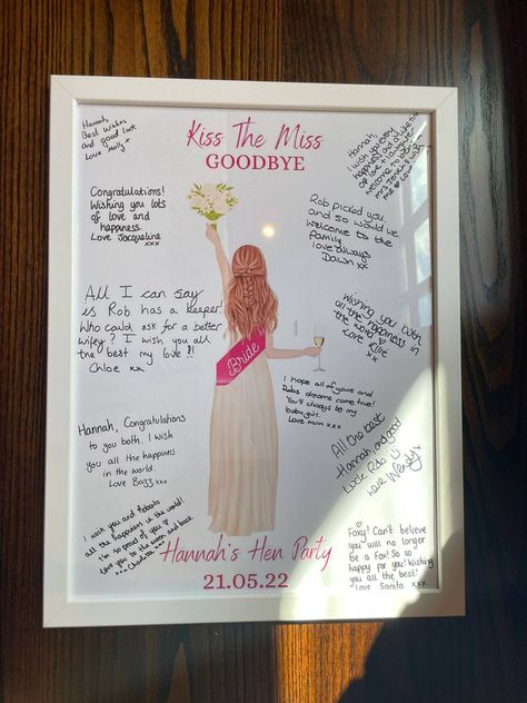 🌸  This stunning A3 personalised hen party guest book, Kiss the Miss Goodbye is the perfect keepsake gift for the bride to be. 🌸 This frame will create memories that last a lifetime. The thoughtful gift will ensure that the bride never forgets her hen do celebrations.  Display the frame during the celebration and invite the hens to leave their heartfelt messages for the bride to be. Allowing her to treasure it before she says 'I Do!' 🌸PERSONALISATION🌸 please send through an image of the brid Bachelorette Keepsake For Bride, Hen Party Personalised, Bachelorette Memory Book, Classy Hen Do, Bachelorette Party Props, Kiss The Miss Goodbye, Hens Party Themes, Party Guest Book, Hen Party Decorations