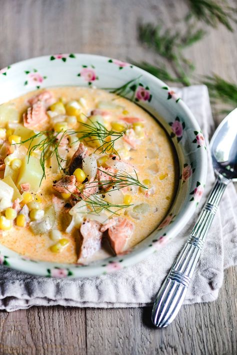 Salmon and Corn Chowder is a comforting Scandinavian inspired salmon soup with lots of potatoes and fresh corn ~ file it under cozy dinner-in-a-bowl! #easy #soup #chowder #corn #salmon #meatless #dinner Salmon And Corn, Salmon Chowder Recipe, Salmon Soup, Salmon Chowder, Recipe Salmon, The View From Great Island, Cozy Dinner, Fish Soup, Seafood Soup