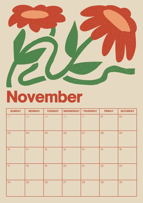 Red and Yellow Rustic Illustrated Flowers 2024 Monthly Calendar - Templates by Canva November 24 Calendar, Canva Journal Template, November 2024 Calendar Printable, Calendar Printables 2024, November 2024 Calendar, November Calendar Ideas, November Template, Canva Calendar, November Planner