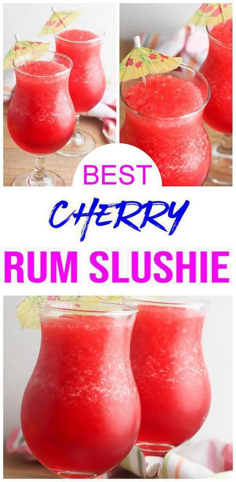 Rum recipe! BEST cherry rum slushie that is so delicious. EASY frozen cherry rum slushie to make today. Rum Recipe for an amazing cherry slushie. Blender frozen drinks with this rum cocktail everyone will love. Alcoholic drink recipe for best rum slushie. Great cocktail - happy hour, wine tasting parties or enjoy for BBQ or pool days. Check out tasty and delish cherry #rum slushie #alcohol #drink Slushy Alcohol Drinks, Cherry Slushie, Frozen Drinks Alcohol, Bbq Drinks, Slushy Drinks, Blender Drinks, Easy Alcoholic Drinks, Fun Drinks Alcohol, Slushie Recipe