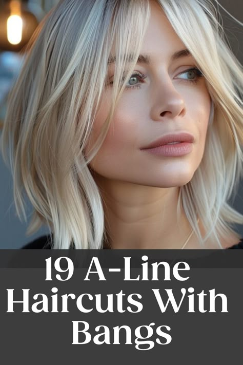 19 A-Line Haircuts With Bangs Blonde Bob Haircut With Bangs, Chic Medium Length Haircut, Medium Length Bobs With Bangs, Haircut Thinning Hair Women, Trendy Bob Haircuts 2024, Graduated Bangs, Blonde Shoulder Length Hair With Bangs, A Line Haircut With Layers, Emma Stone Haircut