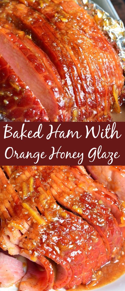 This Baked Ham with Orange Honey Glaze will be a perfect centerpiece for any holiday dinner. Juicy, tender ham baked in the oven and glazed with an amazing orange glaze. The ham glaze is made with orange marmalade, Dijon mustard, honey, fresh orange, cinnamon, and cloves. Honey Ham Glaze, Orange Glazed Ham, Baked Ham Recipe, Honey Baked Ham Recipe, Ham Sauce, Orange Marmalade Recipe, Ham Glaze Brown Sugar, Ham Recipes Baked, Honey Glazed Ham