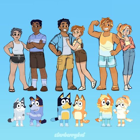 Kat/Kitkat | I also wanted to draw the adult members of the heeler family but I ran out of steam and didn’t feel like cleaning up the sketchiness, so… | Instagram Bluey Human Fanart, Bluey Characters As Humans, Bluey As Humans, Bluey Drawings, Bluey Bandit, Bingo Funny, Cartoon Characters As Humans, Online Comics, Pinturas Disney