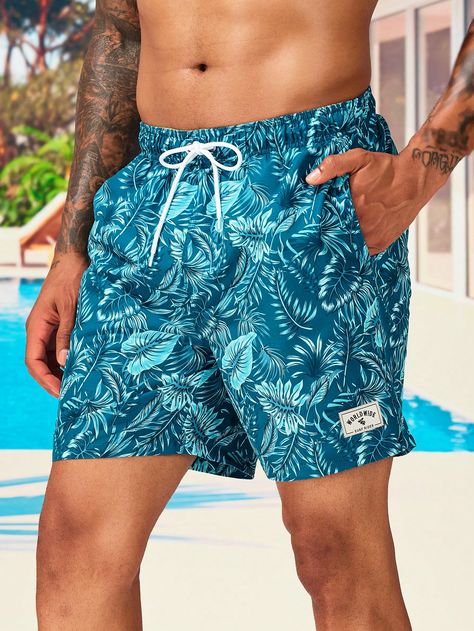 Green  Collar  Fabric Letter,Tropical Bottoms Embellished Non-Stretch  Men Clothing Swim Trunks For Men, Theme Nights, Boxer For Men, Car Apparel, Miami Outfits, Pool Boy, Collared Greens, Men's Swimwear, Luxury Swimwear