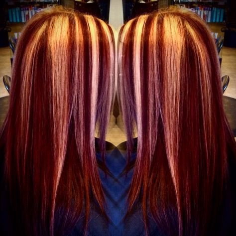 Scarlet red and blonde chunky highlights #allnutrient Blonde Chunky Highlights, Blonde With Red Highlights, Chunky Blonde Highlights, Red And Blonde, Red Hair With Blonde Highlights, Types Of Hair Color, Cherry Red Hair, Red Blonde, Highlights Ideas