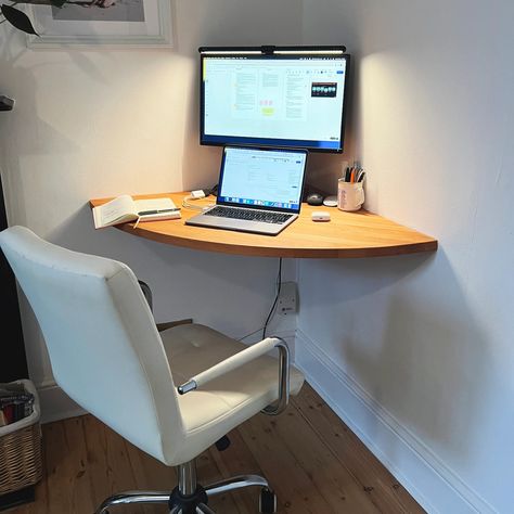 Custom Floating Round Corner Desk Solid Wood Home Office Workspace - Etsy Desk Area For Small Space, Desks For Tiny Spaces, Nook Office Space, Small Home Office Tv Room Combo, Floating Desk Corner, Small Office Corner In Living Room, Double Desk Small Space, Micro Home Office, Wall Mounted Corner Desk