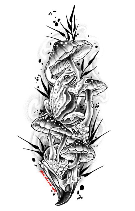 Mushroom Tattoos Sleeve, Tattoo Design Drawings Mushroom, Mushroom And Skull Tattoo, Mushroom Tattoo Drawing, Mushroom Leg Sleeve Tattoo, Mushroom With Frog Tattoo, Realism Mushroom Tattoo, Neo Trad Mushroom, Toad Stool Tattoo