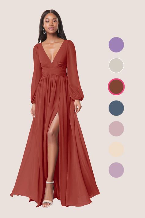 Long Sleeved Bridesmaids Dresses, Mulberry Bridesmaid Dresses, Rust Bridesmaid Dress, Red Bridesmaid, Bridesmaid Dresses Boho, Bridesmaid Dresses With Sleeves, Fall Wedding Guest, Maid Of Honour Dresses, Goth Wedding