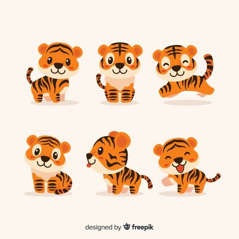 Cute tiger set Free Vector | Free Vector #Freepik #freevector #freeanimal #freecute #freeanimals #freejungle Tiger Cute Illustration, Cute Tiger Art, Tiger Cartoon Drawing, Cute Tiger Drawing, Tiger Doodle, Kawaii Tiger, Cute Animal Character, Cute Vector Art, Art Tigre