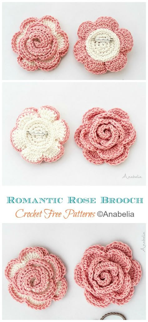 Romantic Rose Brooch Crochet Free Pattern - Crochet & Knitting Realistic Crochet, Easy Crochet Bookmarks, Small Crochet Gifts, Crochet Roses, Crochet Applique Patterns Free, Crochet Wreath, Crochet Leaf Patterns, Crochet Hair Clips, Crochet Brooch