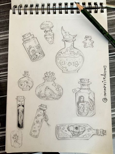 #sketchbook #sketchbookdrawing #conceptart #magic #witchcraft #witchythings #mermaid Magic Sketches Ideas, Spell Bottle Drawing, Potion Sketch, Magic Potion Bottles Drawing, Potions Drawing, Witchcraft Drawing, Mermaid In A Bottle, Witchcraft Illustration, Potion Ideas