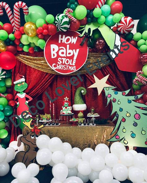 The Littlest Who Is Coming To Whoville, The Grinch Gender Reveal Ideas, The Grinch Backdrop, Grinch Baby Gender Reveal, Grinch Theme Gender Reveal Ideas, Grinch Theme Birthday Cake, Grinch First Birthday Photoshoot, 1st Birthday Party Ideas December, Grinch Gender Reveal Party