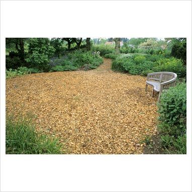 bark/wood chip seating area  (Put in our yard with fire pit and adirondack chairs last year - works great, but covered in winter) Bark Path, Mulch Yard, Woodland Paths, Fire Pit And Adirondack Chairs, Platform House, Ferns Garden, Cheap Patio, Entertaining Space, Outdoor Entertaining Spaces