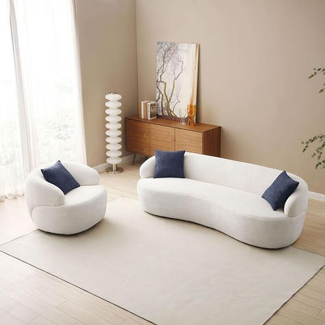 - Modern curved fabric sofa with optimal seating comfort. - Suitable for various spaces like living rooms, bedrooms, and offices. - Sturdy wooden frame ensures stability for gatherings. - Soft fabric upholstery with dense foam padding and spring coil system. - Sizes: 3-seat sofa: 86.61"L x 27.55"W x 35.43"H, Weight Limit: 800 lbs. Round sofa chair: 35.04"L x 34.65"W x 27.17"H, Weight Limit: 300 lbs. No assembly required. Modern Curved Sofa, Curvy Sofa, Round Sofa Chair, Rv Sofas, Double Height Living Room, Chair Luxury, Pillows For Living Room, Rv Furniture, Fabric Couch