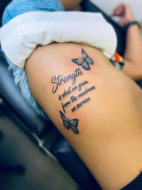 Thigh Tattoo Quotes, Cute Thigh Tattoos, Stomach Tattoos Women, Belly Tattoos, Hand Tattoos For Girls, Meaningful Tattoo Quotes, Cute Hand Tattoos, Pretty Hand Tattoos, Butterfly Tattoos For Women