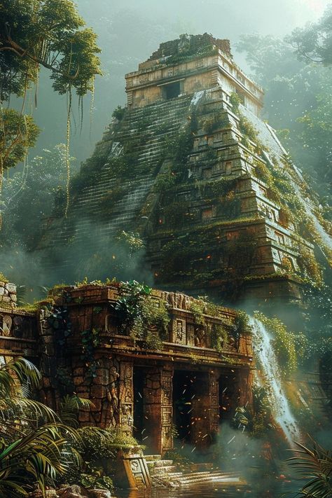 Aztec Culture Art, Temple Ruins Concept Art, Antediluvian Civilization, Aztec Palace, Aztec Landscape, Aztec Buildings, Mexico Jungle, Aztec Architecture, Aztec City