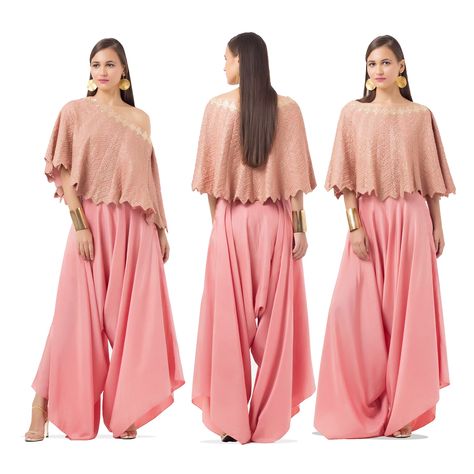 ANAMIKA KHANNA Pink Off-Shoulder Cape and Draped Cowl Pants Cowl Pants, Dhoti Salwar Suits, Churidar Dress, Plazzo Designs, One Shoulder Cape, Draped Pants, Dhoti Salwar, Cape Top, Western Outfits Men