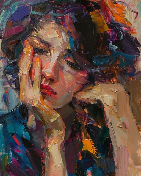 Oil Painting Art Aesthetic, Oil Painting Abstract Portrait, Human Acrylic Painting, Large Portrait Painting, Acrylic Human Painting, Human Painting Faces, Painted Portraits Of Women, Painting Styles Acrylic, Paint Knife Art