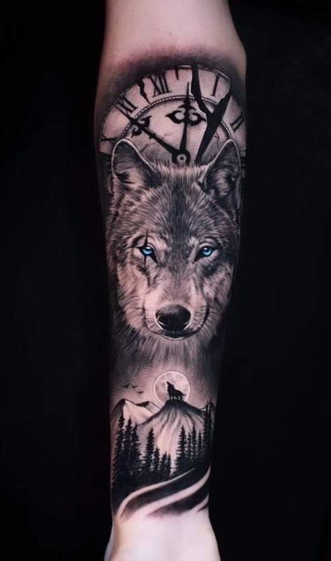 Half Sleeve Tattoos Wolf, Kurt Tattoo, Wolf Girl Tattoos, Wolf Tattoo Forearm, Wolf And Moon Tattoo, Husky Tattoo, Wolf Sleeve, Outer Forearm Tattoo, Wolf Tattoos Men