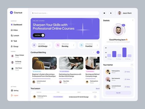 Coursue Learning Platform Dashboard by Fireart UI/UX for Fireart Studio on Dribbble Dashboard Ux Design, Web Dashboard Design, Learning Management System Ui Design, Dashboard Ui Design Web Application, Learning Platform Design, Website Dashboard Design, Ui Dashboard Design, Dashboard Design Inspiration, Dashboard Design Ui