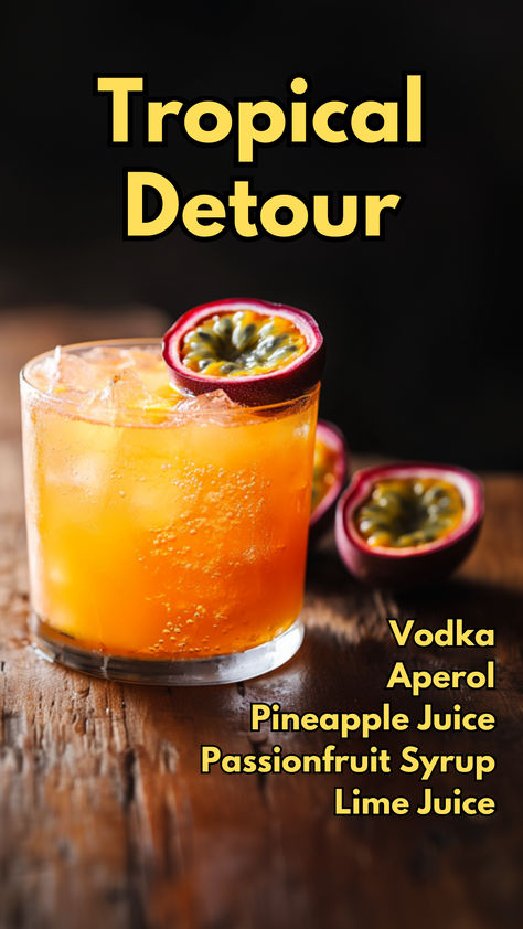 Tropical Detour Tropical Food Ideas, Refreshing Vodka Drinks, Mixed Drinks Alcoholic, Passionfruit Cocktail, Passionfruit Syrup, Cocktail Cards, Juice Cocktails, Beef Pasta Recipes, Desert Drinks