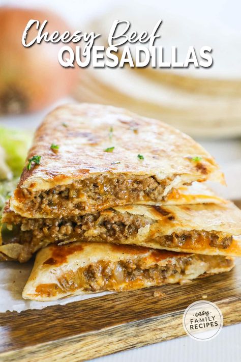 These Ground Beef Quesadillas are a simple and heart meal that the whole family will love! Juicy ground beef crumbles are seasoned to perfection, then layered with melty cheese in a perfectly golden, crisped tortilla. Enjoy as-is or customize with your favorite add-ins and toppings! Chicken Tortilla Recipe, Quesadilla Recipes Beef, Ground Beef Quesadillas, Asian Steak Bites, Beef Quesadillas, Creamy Pasta Bake, Bacon Guacamole, Instant Family, Healthy Ground Beef