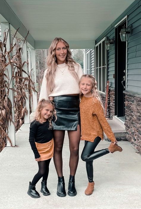 Winter Leather Skirt Outfit Boots, Womens Leather Skirt Outfits, Christmas Leather Skirt Outfit, Toddler Leather Skirt Outfit, Christmas Pictures Black Outfits, Leather Skirt Outfit Ideas Winter, Black Leather Skirt And Sweater Outfit, Mommy & Me Christmas Pictures, Leather Pants With Sweater Outfit