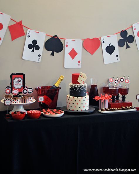 Cards Theme Party Decorations, Card Game Theme Party, Poker Night Party Decoration, Deck Of Cards Birthday Theme, Magic Party Decorations, Diy Poker Party Decorations, Casino Birthday Party Decorations, Poker Night Birthday Party, Red Black And White Birthday Party Ideas