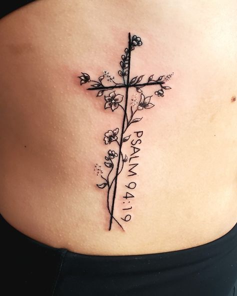 #cross #bibleverse #dainty #feminine #ribs #side #thincross #flowers #vines #tattoo #religious #studio13tattoomg Tattoos For Women Cross With Flowers, Cross Flower Tattoo Design, Cross With Vines Drawing, Flower And Bible Verse Tattoo, Cross Wrapped In Flowers Tattoo, My Grace Is Sufficient For You Tattoo, Bible Verse With Flowers Tattoo, Biblical Vine Tattoo, Bible Verse Cross Tattoo