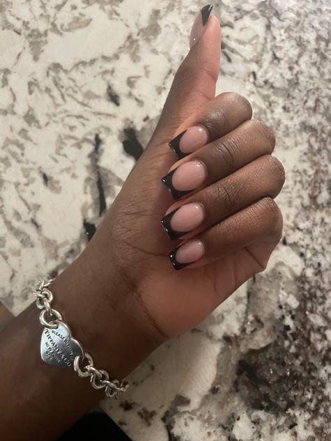 Black french tip nails 🐈‍⬛ Black Shirt French Tip Nails, Black Short Nails Design Simple, Black Franchise Nails, Black French Tips Short Nails, Small Black French Tip Nails, Black Deep French Nails, Black Tip Acrylics, Cute Nails For Homecoming, French Tip Nails Natural Nail