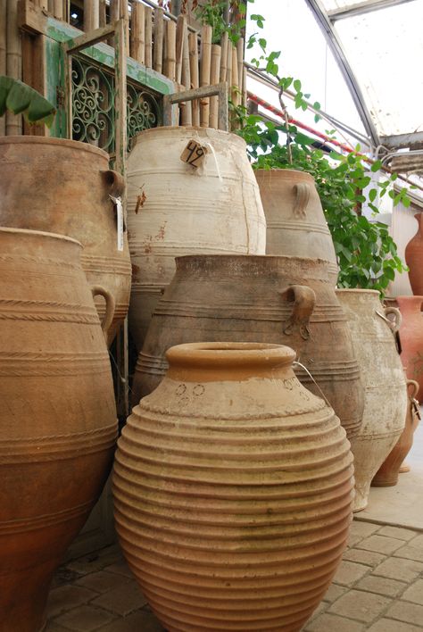 Greek Terracotta Pots, Terra Cotta Planters, Big Pots, Large Terracotta Pots, Tattoo Plant, Olive Jar, Rustic Pottery, Garden Wallpaper, Funky Decor