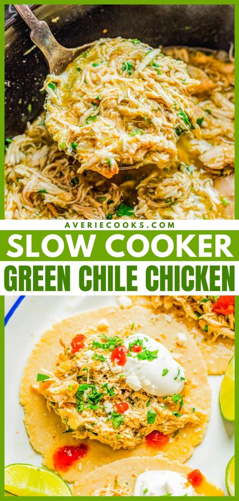 Tender, juicy, chicken that's simmered with green chiles, jalapeno, salsa verde, onions, garlic, and spices for the most FLAVORFUL and versatile green chile chicken! Use it in tacos, burritos, casseroles, sandwiches, or as a meal prep recipe. Best of all, it's SO EASY because your slow cooker does ALL the work! Grilled Salsa Verde Pepper Jack Chicken, Slow Cooker Green Chicken Chili, Crockpot Green Chicken Enchiladas, Green Chicken Crockpot, Shredded Green Chili Chicken, Salsa Verde Ranch Chicken, Green Chile Chicken Chili, Chicken Green Salsa Verde, Green Pepper Chicken Recipe