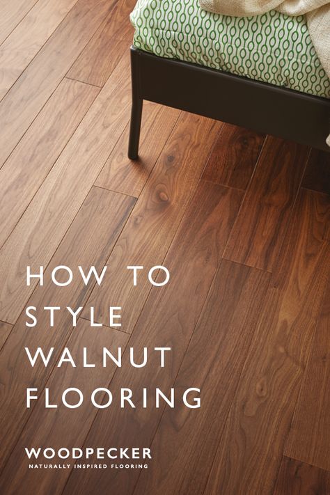 Walnut flooring is loved for its smooth chocolatey tones and warming appeal. Discover our favourite ways to style this floor in the home. Walnut Floors Oak Furniture, Walnut Floors Bedroom, Walnut Floors White Walls, Walnut Lvp Flooring, Mcm Hardwood Floors, Dark Cherry Wood Floors Living Room, Walnut Floor Dining Room, Living Room Wooden Flooring, Natural Walnut Floors