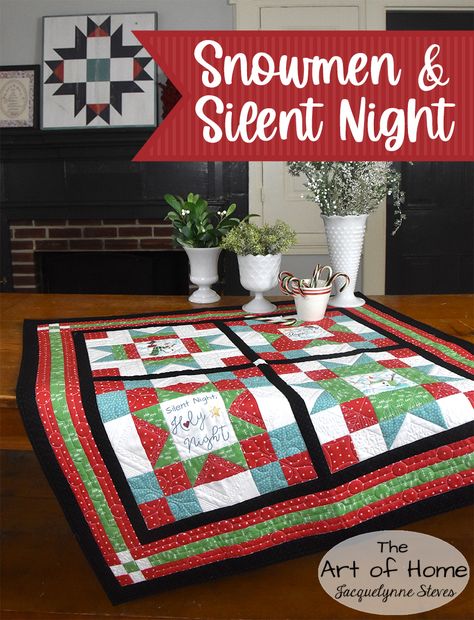 snowman and silent night quilt- Jacquelynne Steves Silent Night Quilt, Snowman Quilt, Aluminum Crafts, Snow Much Fun, Quilt Labels, Table Runner Pattern, Embroidery Patterns Free, Simple Holidays, Panel Quilts