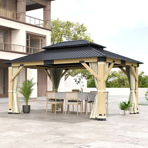 PRICES MAY VARY. 【Upgraded Cedar Wood Frame】:This wooden frame gazebo is made up of high quality moisture-proof cedar wood, which is more beautiful than traditional metal frames, and prevents fading, rust and corrosion, so it can be used for a long time without damaging its appearance, and adds color to your yard. 【Galvanized Iron Roof】: The roof is made of galvanized iron, durable, not easy to fade, and can reliably withstand rain, snow and UV rays. It is designed with a double-layer roof to en Cedar Gazebo, Olive Green Curtains, Wood Gazebo, Wooden Pavilion, Deck Backyard, Wooden Gazebo, Hardtop Gazebo, Galvanized Iron, Gazebo Pergola