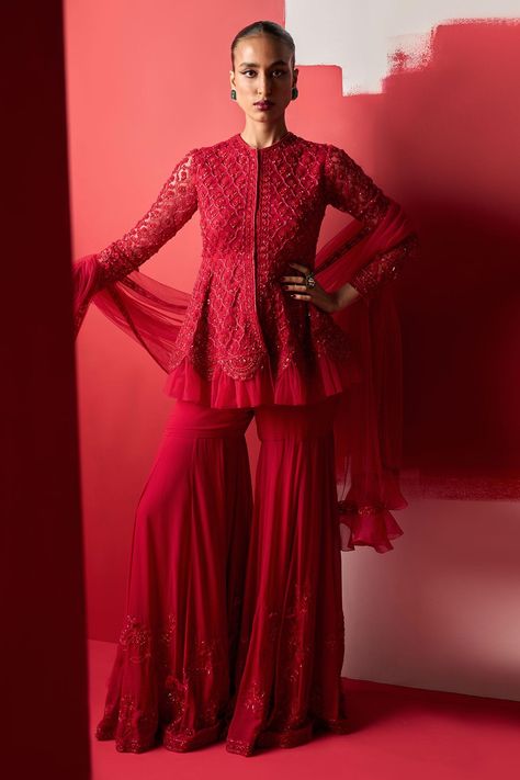 Shop for Ridhi Mehra Eshrat Embroidered Peplum Top Gharara Set for Women Online at Aza Fashions Net Garara, Georgette Garara, Red Sharara, Ridhi Mehra, Kids Ethnic Wear, Red Champagne, Georgette Dupatta, Embroidered Crop Tops, Draped Blouse