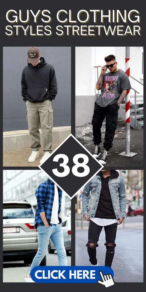 Elevate your streetwear game with these 38 stylish clothing styles for guys! Explore trendy streetwear looks to express your unique fashion sense on the urban scene. #Streetwear #MensFashion #UrbanStyle 25 Year Old Fashion Outfits Men, Men Casual Shoes Outfit, Men’s Sneakers With Jeans, Men Skater Style Street Fashion, Guys Clothing Styles Streetwear, Winter Baggy Jeans Outfit, Clothing Styles For Guys, Trendy Guy Outfits, Clothing Styles Streetwear