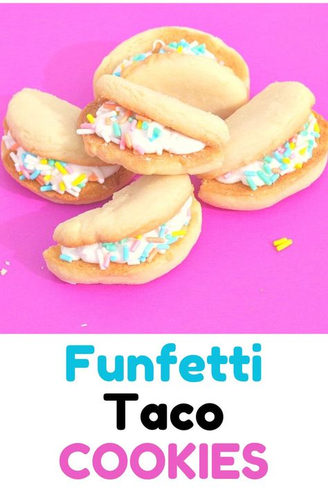 Make these fun and easy cookies for Cinco De Mayo or a Fiesta. These funfetti taco cookies add extra fun with colorful sprinkles! Cinco De Mayo Treats For Kids, Taco Cookies, Mayo Cookies, Fiesta Cookies, Heart Cookies Recipe, Work Potluck, Fluffy Frosting, Deserts Easy, Love Cookies