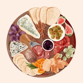 Watercolor Cheese, Round Charcuterie Board, Chacuterie Board, Cheese Drawing, Round Cheese Board, Board Illustration, Illustration Advertisement, Food Illustration Art, Food Painting