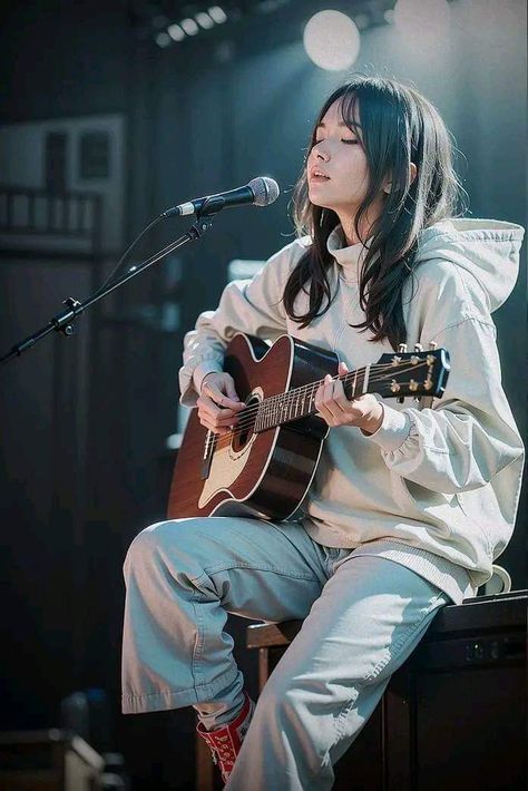 Pose Reference With Guitar, Singing Pose Reference, Guitar Pose Reference, Singing Pose, Guitarist Girl, Guitar Pose, Photographie Portrait Inspiration, Model Pose, Female Pose Reference