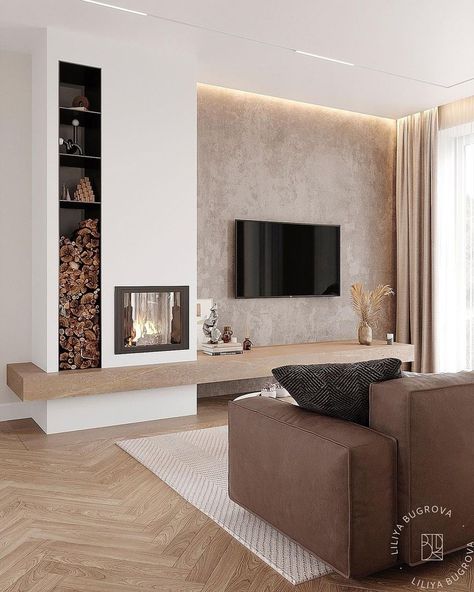 Modern Living Room Ideas Beige, Neutral Cozy Living Room Modern, Gas Fireplace Modern Design, Fireplace Contemporary Design, Fireplace With Storage On Sides, Enterijer Dnevna Soba, Fireplace Next To Tv, Fireplace Tv Wall Modern Interior Design, Dnevni Boravak Ideje