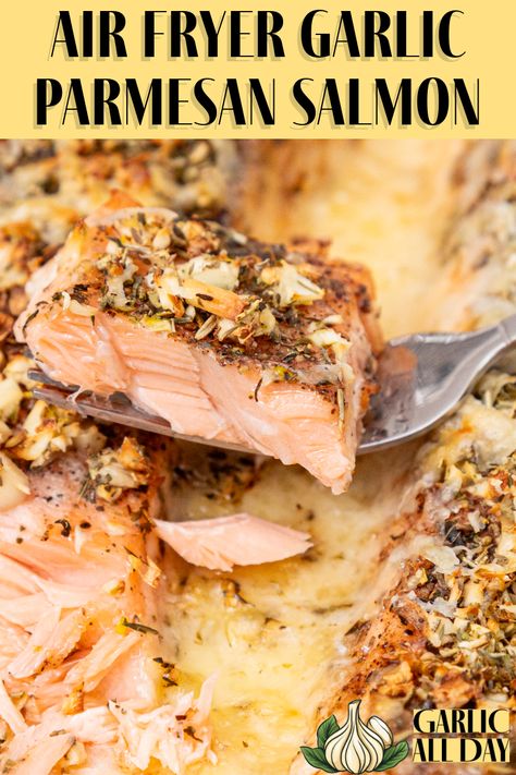 Get ready for a flavor explosion with Air Fryer Garlic Parmesan Salmon 🐟🧄🧀  This delicious and healthy dish is perfect for a quick weeknight dinner or a fancy weekend feast! The air fryer ensures that the salmon stays moist and cooks evenly, while the garlic and parmesan add a burst of flavor that will have your taste buds dancing. Parmesan Garlic Salmon, Garlic Parm Salmon, Garlic Butter Salmon Air Fryer, Garlic Parmesan Salmon, Cheesy Salmon, Air Fryer Salmon Recipes, Salmon In The Air Fryer, Salmon Air Fryer, Salmon Steak Recipes