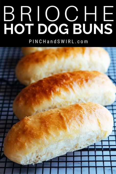 Homemade Brioche Hot Dog Buns are the ultimate way to serve your hot dogs and sausages! Tender, buttery and so easy to make with this easy recipe - just 4 simple ingredients and a no-knead brioche dough! Step by step photos show you exactly how to shape your homemade buns! Hot Dog Bun Recipe Bread Machine, Bun Recipe Bread Machine, Easy Hot Dog Buns, Soft Hot Dog Buns, Brioche Hot Dog Buns, Hot Dog Bun Recipe, Recipe Bread Machine, Homemade Hot Dog Buns, Hot Dog Buns Recipe