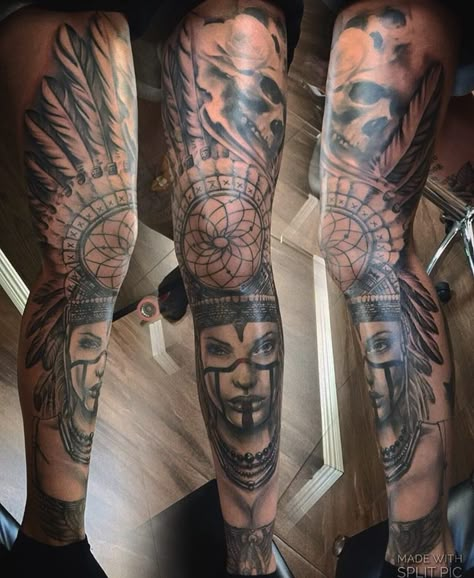 Headdress placement Tattoo Bein Frau, Placement Tattoo, Full Leg Tattoos, Girls With Sleeve Tattoos, Tattoo Leg, Marvel Tattoos, Cat Tattoos, Original Tattoos, Leg Tattoo Men