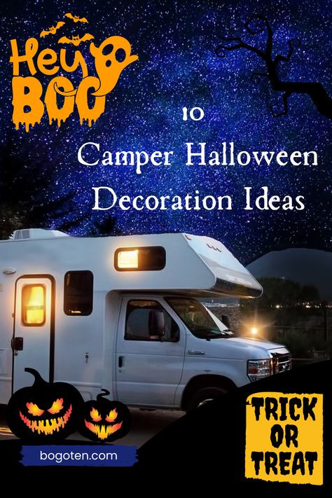 an rv with yellow lit windows at night under midnight blue sky with jack o'lanterns Motorhome Halloween Decorations, Rv Pumpkin Carving, Rv Halloween Decor, Decorating Camper For Halloween, Rv Halloween Decorating Ideas Outside, Halloween Trailer Decor, Campground Halloween Ideas, Camper Halloween Decorations, Camping Halloween Decorations