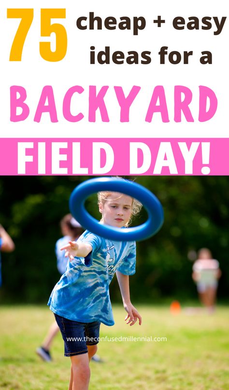 Field day games and activities for kids. Outdoor party games and summer fun! #summergames #summeractivities #summerfun #preschool #kidsactivities #activitiesforkids, field day game ideas for all ages from elementary to high school, free and cheap weekend fun for adults and kids, fun and easy days for kids and the whole family, quick ideas for weekend fun for couples at home, what do do during a no spend weekend at home, #fieldday, fun with kids, what to do with kids for free #frugalliving Inside Field Day Activities, Outside Family Games Outdoor Fun, Fun Field Day Activities For Kids, Sports Day At Home Kids, Kindergarten Field Day Ideas, Field Day Activities For Middle School, Field Day Food, Easy Field Day Games For Kids, Easy Field Day Games