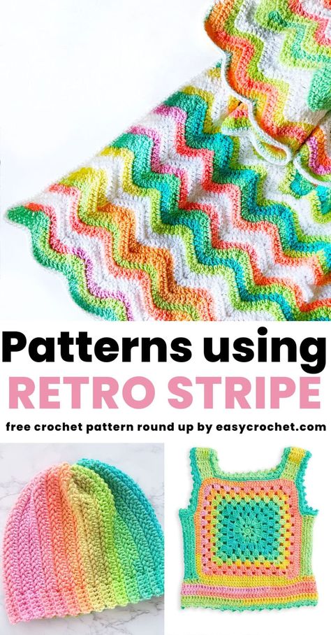 Free Crochet Patterns That Use Retro Stripe Yarn Retro Stripe Crochet Pattern, Red Heart Retro Stripes Crochet Patterns, Red Heart Stripes Yarn Patterns, Retro Stripe Yarn Projects, Red Heart Super Saver Stripes Patterns, Red Heart Stripes Crochet Pattern, Self Striping Yarn Patterns Crochet Free, Red Heart Retro Stripe Crochet, Retro Crochet Patterns Free