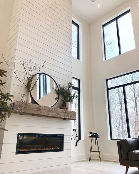 I get asked a lot about our fireplace so I thought I’d just just mention a few things about it here — it’s electric and we chose this one… Modern Farmhouse Fireplace, Design Camino, Wood Mantle, Shiplap Fireplace, Farmhouse Room, Modern Farmhouse Living, Farmhouse Fireplace, Modern Farmhouse Living Room, Trendy Living Rooms