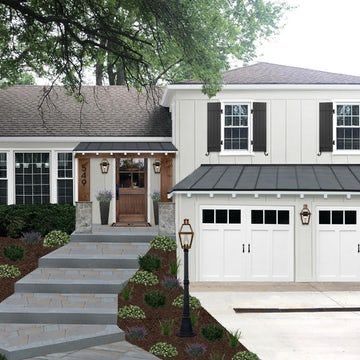 Raised Ranch Exterior, Carriage Style Garage, Split Level House Exterior, Tri Level House, Split Level Exterior, Raised Ranch Remodel, Awning Over Door, Carriage Style Garage Doors, Door Overhang