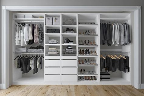 Closet & CO South Dakota 132" W Closet System Reach-In Sets | Wayfair Long Narrow Closet, Narrow Closet Design, Narrow Closet, Master Closet Design, Walking Closet, Dream Closet Design, Closet Design Layout, Luxury Closets Design, Closet Renovation